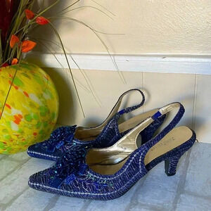 JOHN FASHION | Silken Embroidery Beads Silken Ribbon Blue Floral Sandal Size 9